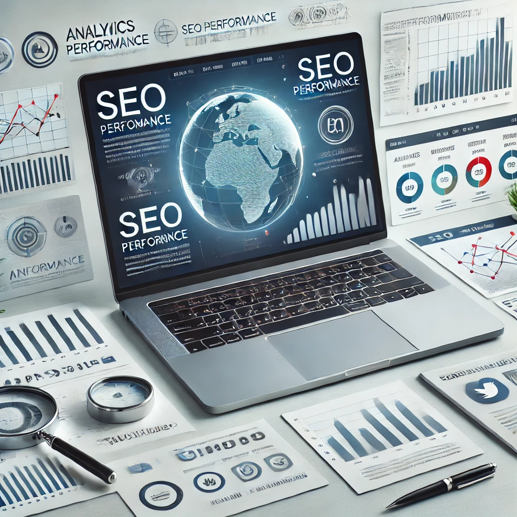 A modern website mockup displayed on a laptop screen, with analytics charts, SEO performance graphs, and social media icons surrounding it.